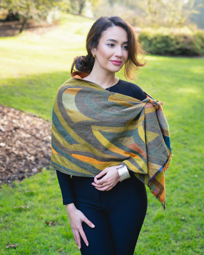 Reversible Boiled Merino Wool Shawl/Poncho/Wrap in Citron Color