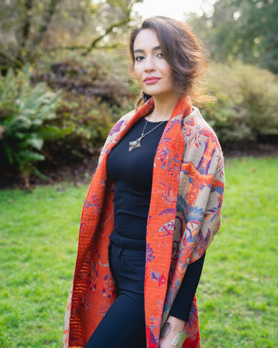 Reversible Boiled Merino Wool Shawl/Poncho/Wrap in Tangerine Bird