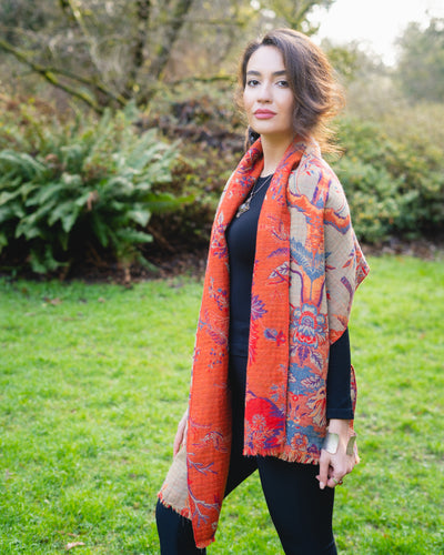 Reversible Boiled Merino Wool Shawl/Poncho/Wrap in Tangerine Bird