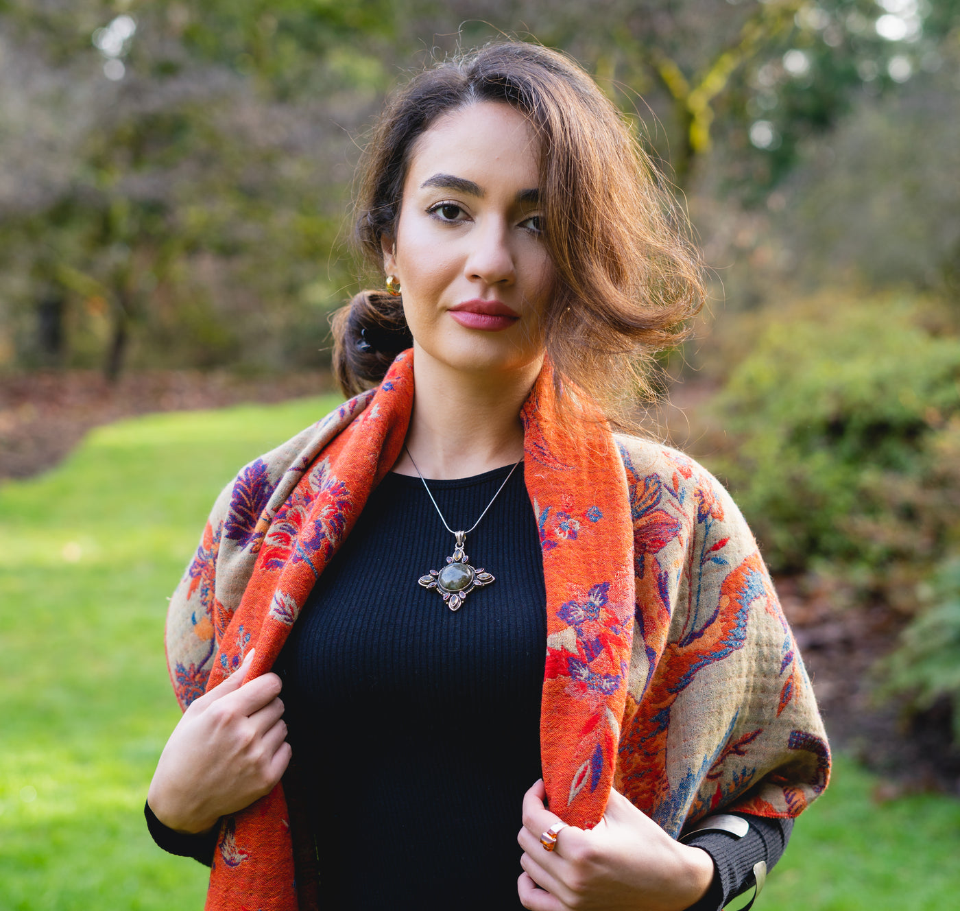 Reversible Boiled Merino Wool Shawl/Poncho/Wrap in Tangerine Bird