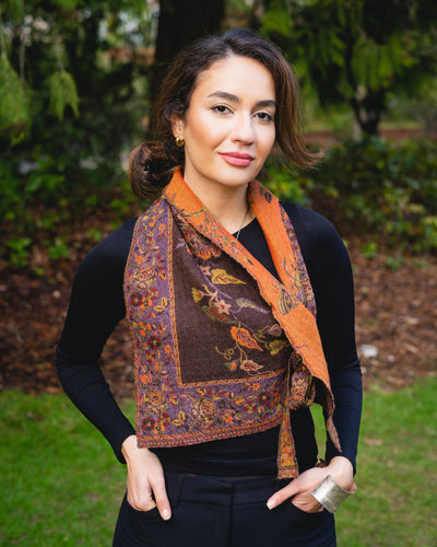 100% Pure Boiled Wool Reversible Pointed Scarf in Copper Colors.