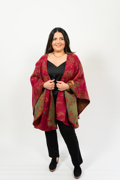 Long Cape Shawl BEYOND Ruana in Fuchsia Bird