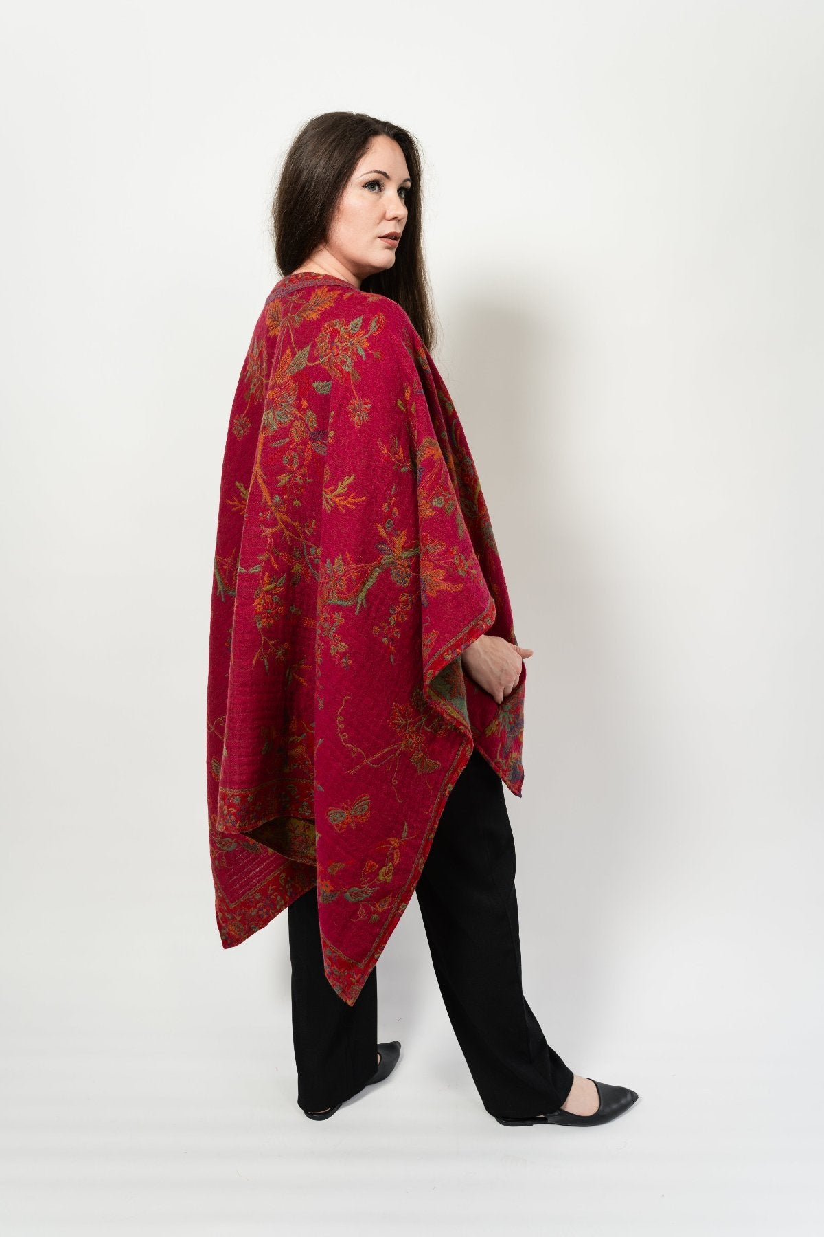 Long Cape Shawl BEYOND Ruana in Fuchsia Bird