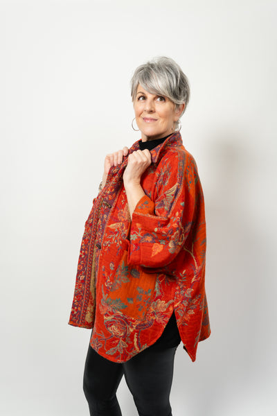 Handmade Reversible Merino Wool Kimono Jacket in Tangerine Bird