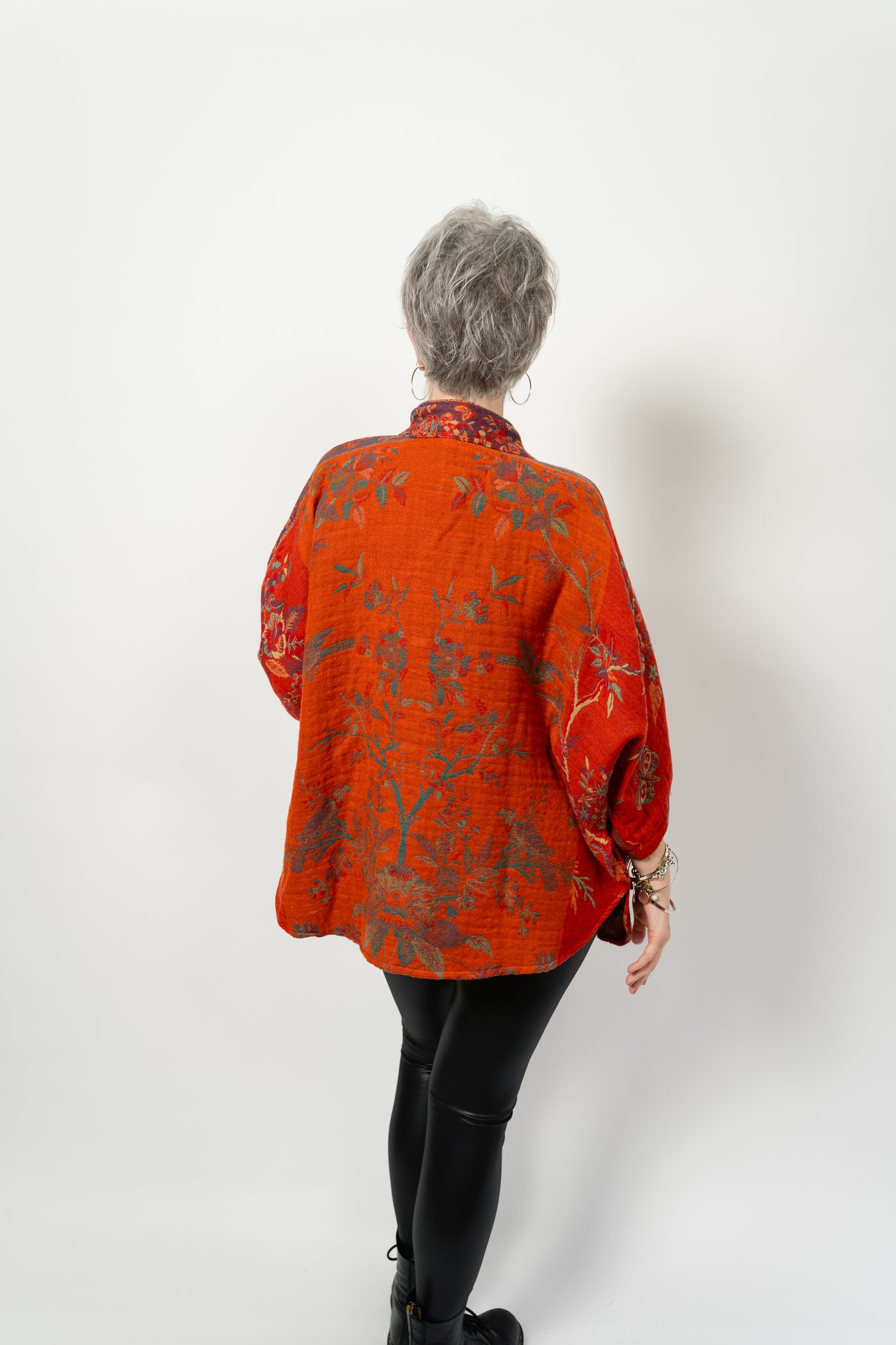 Handmade Reversible Merino Wool Kimono Jacket in Tangerine Bird