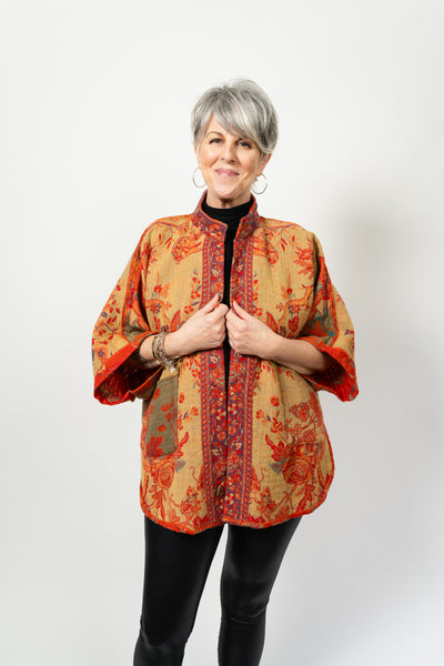 Handmade Reversible Merino Wool Kimono Jacket in Tangerine Bird