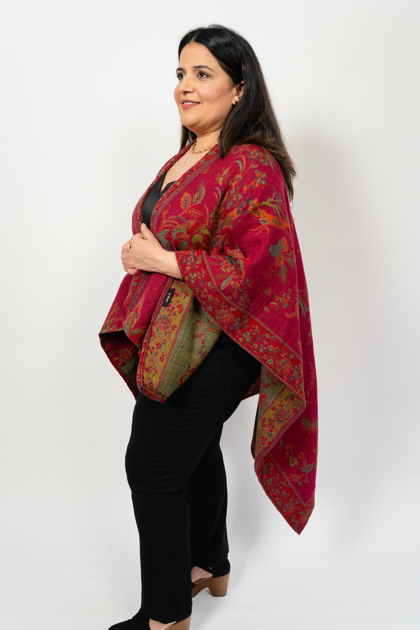 Long Cape Shawl BEYOND Ruana in Fuchsia Bird