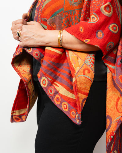 515 Ladies Boiled Wool Reversible Poncho/Cape in Tangerine Abstract + Free Bag.