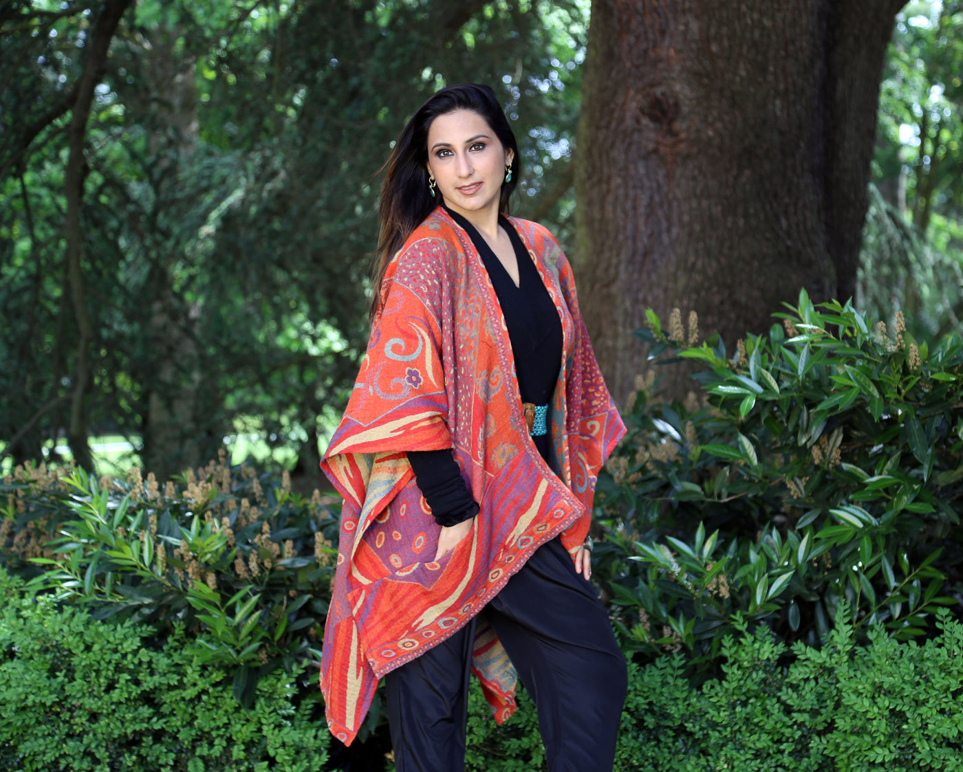 515 Ladies Boiled Wool Reversible Poncho/Cape in Tangerine Abstract + Free Bag.