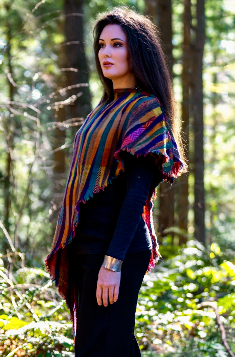 509 Hand Fringed Pure Merino Geometric Fringe Shawl Cascade