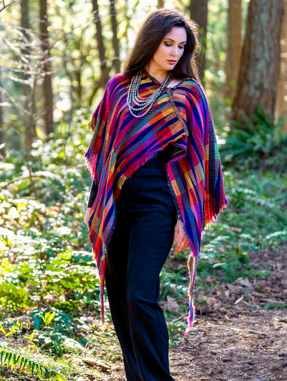 509 Hand Fringed Pure Merino Geometric Fringe Shawl Cascade