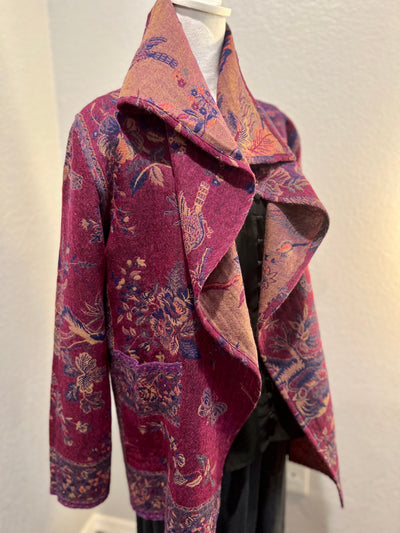 Reversible Merino Wool Trench Coat Jacket in Purple colors featuring Bird Print Plus FREE complimentary Storage Bag