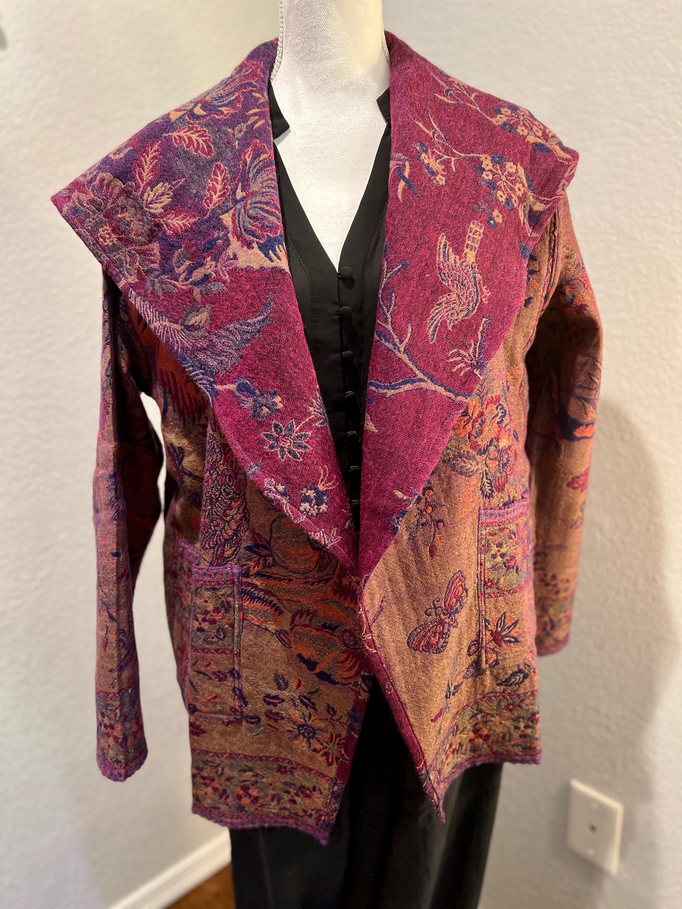 Reversible Merino Wool Trench Coat Jacket in Purple colors featuring Bird Print Plus FREE complimentary Storage Bag