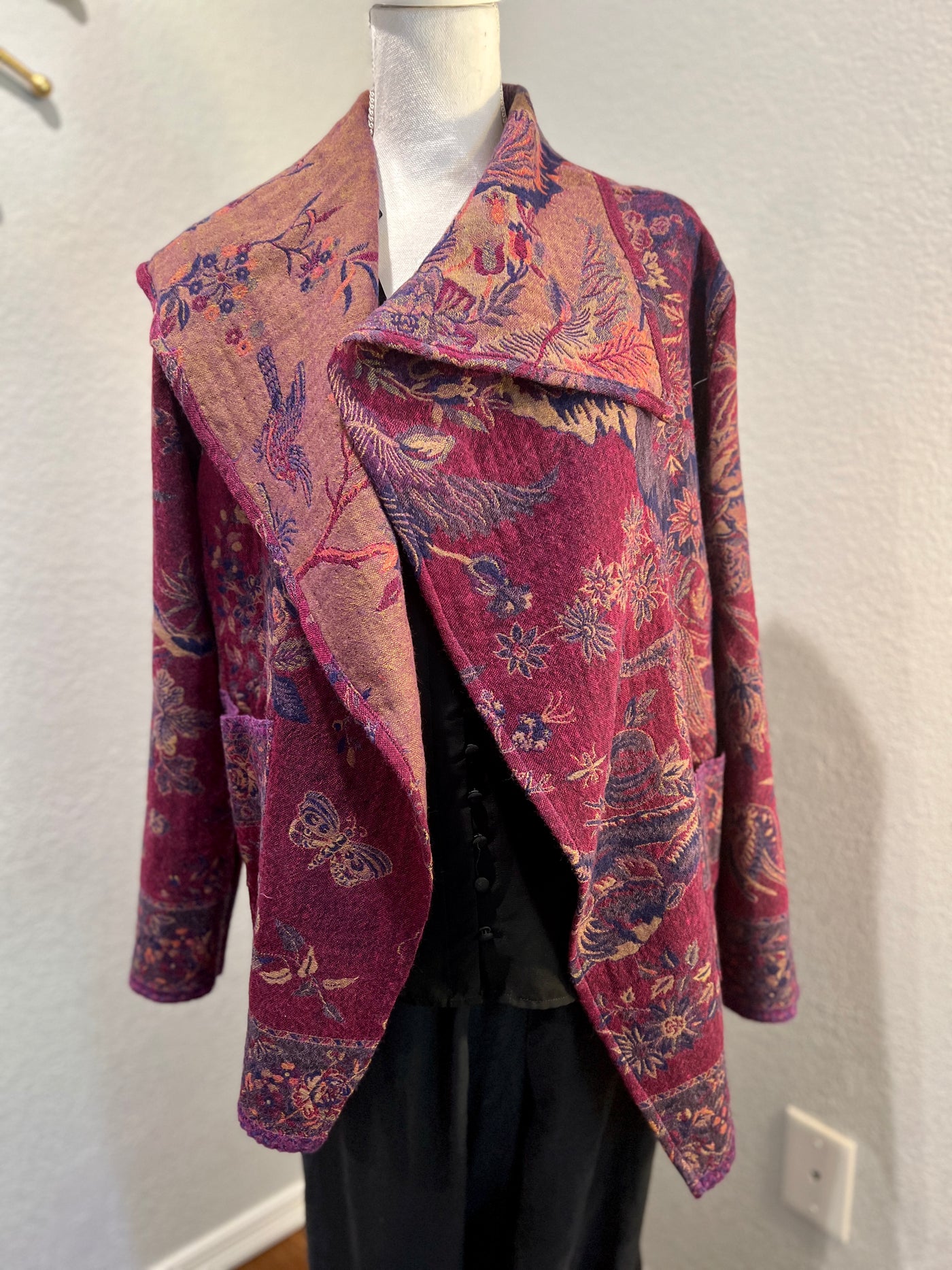 Reversible Merino Wool Trench Coat Jacket in Purple colors featuring Bird Print Plus FREE complimentary Storage Bag