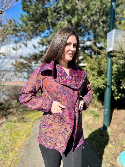 Reversible Merino Wool Trench Coat Jacket in Purple colors featuring Bird Print Plus FREE complimentary Storage Bag