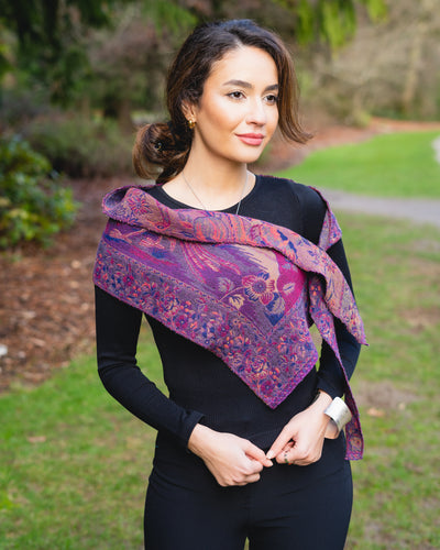 100% Pure Boiled Wool Reversible Pointed Scarf in Plum Purple Colors.
