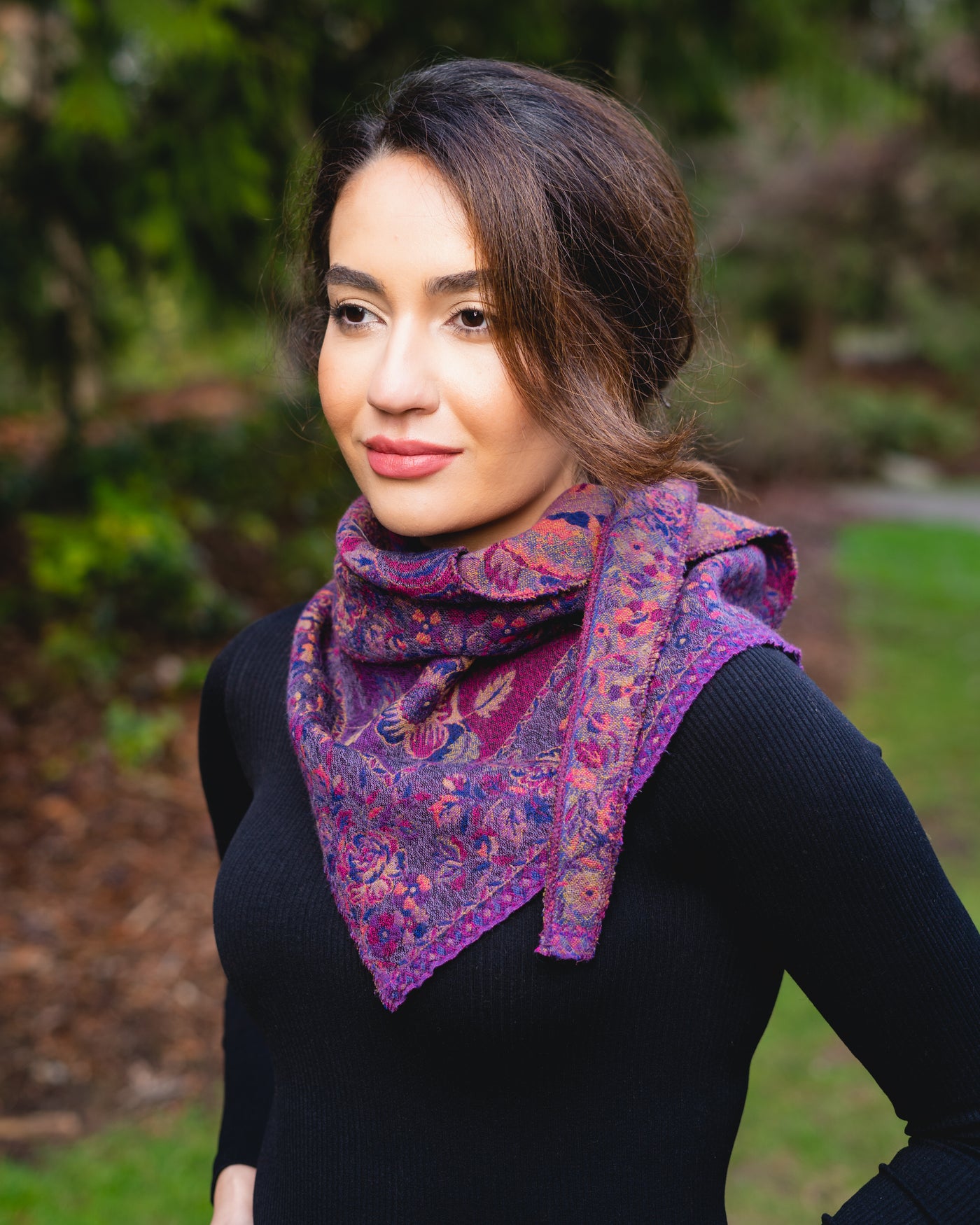 100% Pure Boiled Wool Reversible Pointed Scarf in Plum Purple Colors.