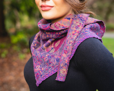 100% Pure Boiled Wool Reversible Pointed Scarf in Plum Purple Colors.