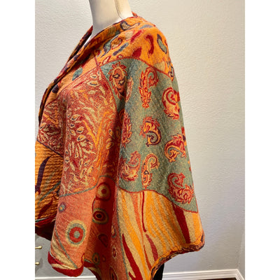 515 Ladies Boiled Wool Reversible Poncho/Cape in Tangerine Abstract + Free Bag.