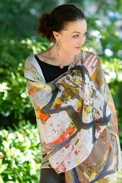 Linen Cape with Abstract Print in earthy tones